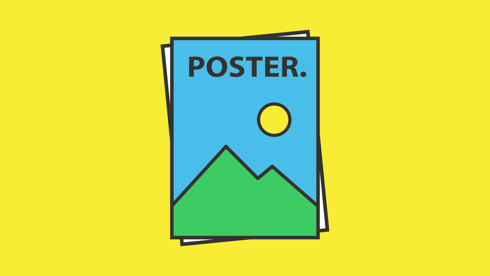 A stack of posters that show the sun rising behind a mountain and the word POSTER