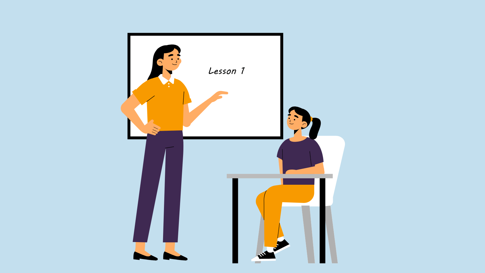 A student at a desk watching a teacher point at a white board