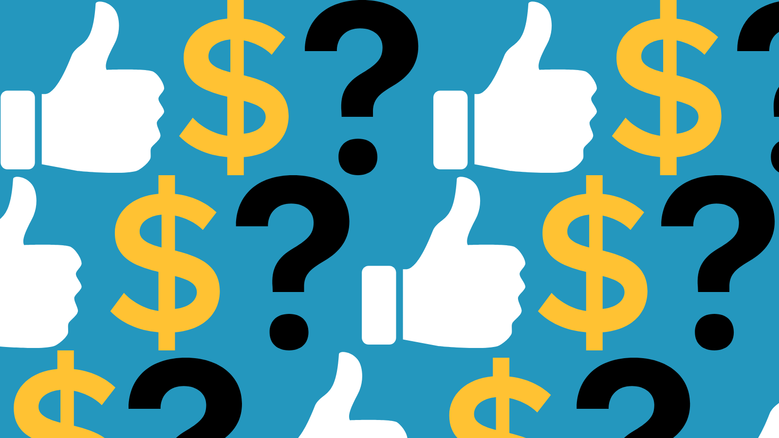 A thumbs up symbol, a dollar sign, and a question mark in a repeating pattern