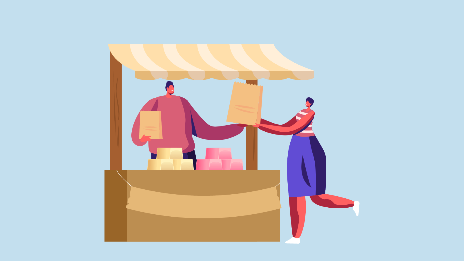 A vendor at a booth handing a customer a bag-1