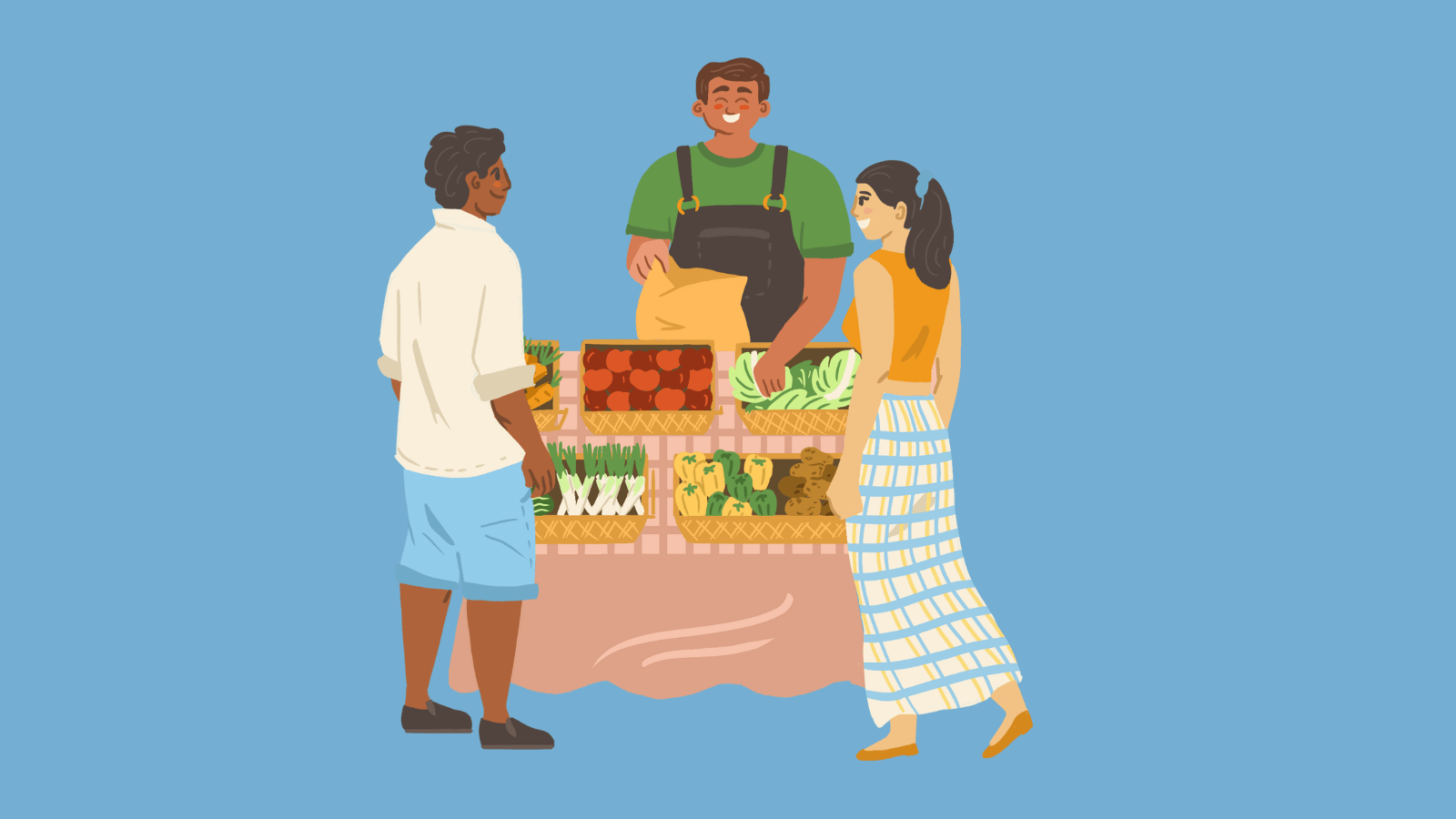 A vendor selling various vegetables to a couple at a farmers market 