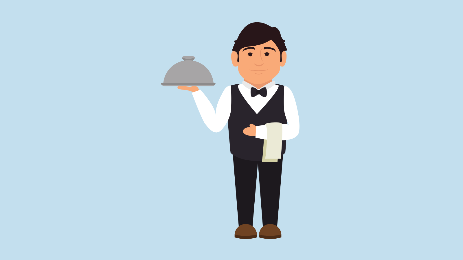 A waiter wearing a vest and bow tie