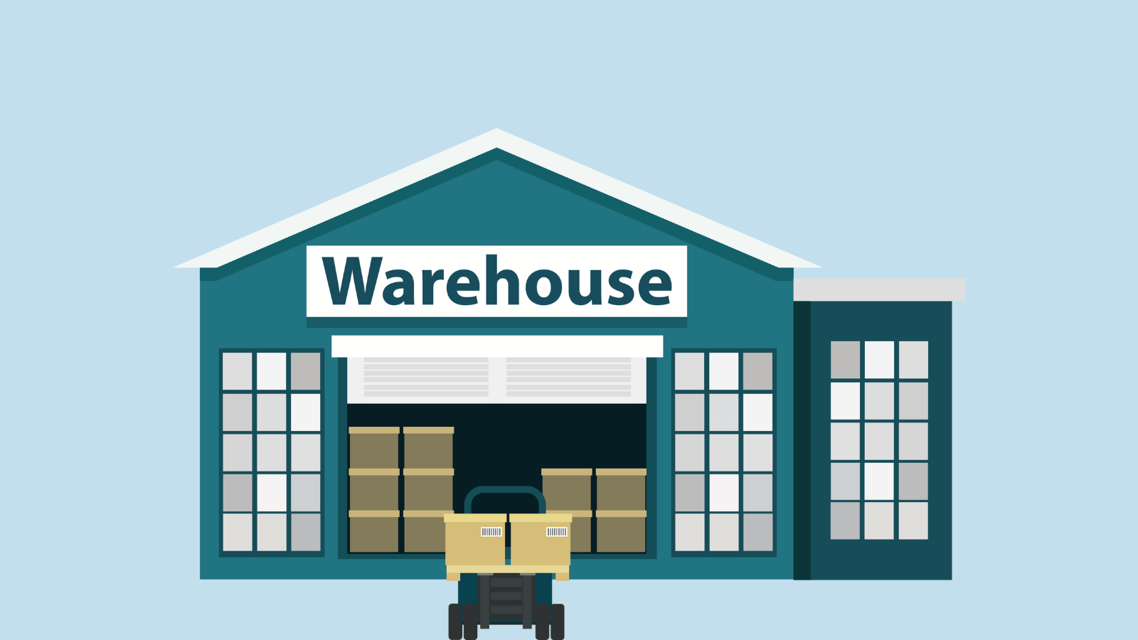 A warehouse with a forklift outside