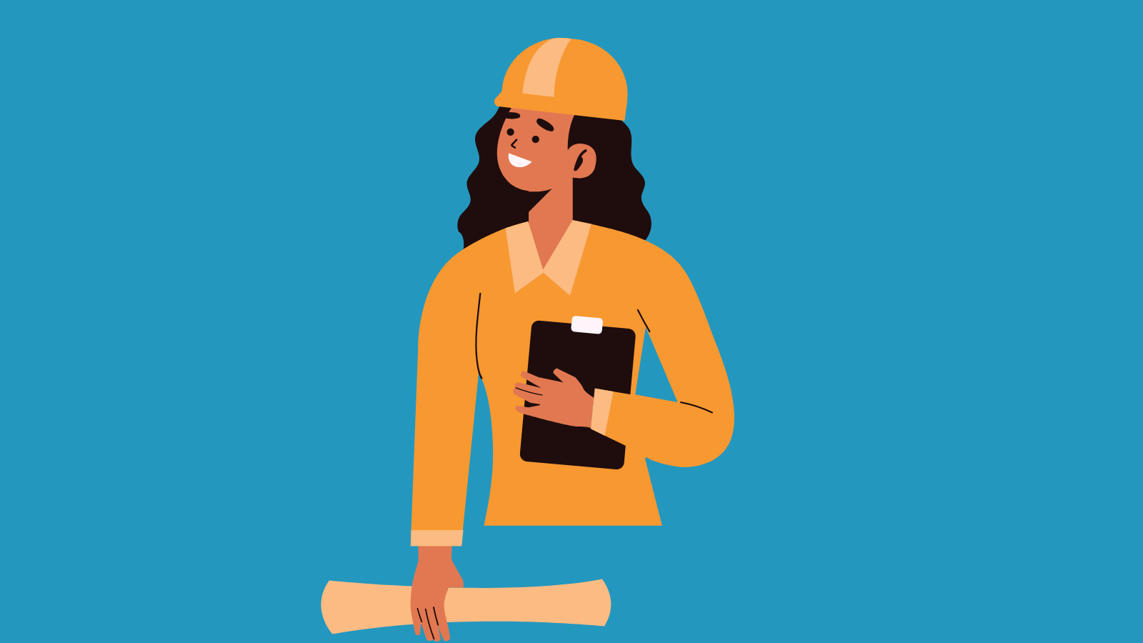 A woman in a hard hat holding a clipboard and a rolled up piece of paper