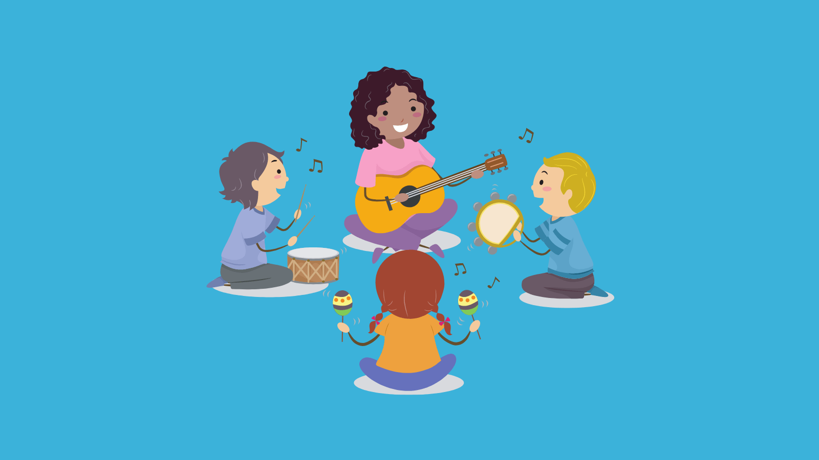 A woman playing guitar surrounded by three young children playing tambourine, maracas, and a drum
