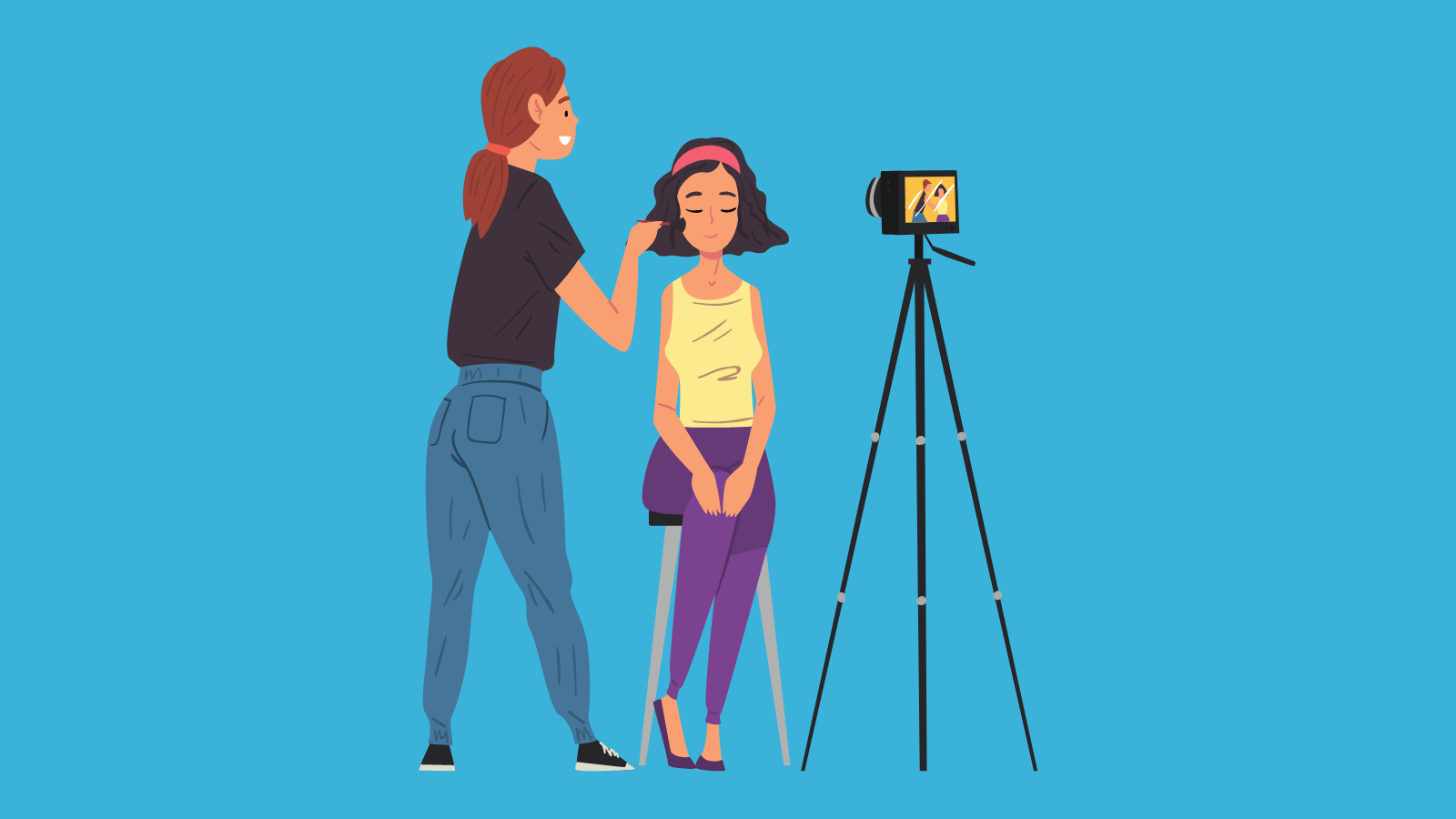 A woman putting blush on a young girl while a camera records