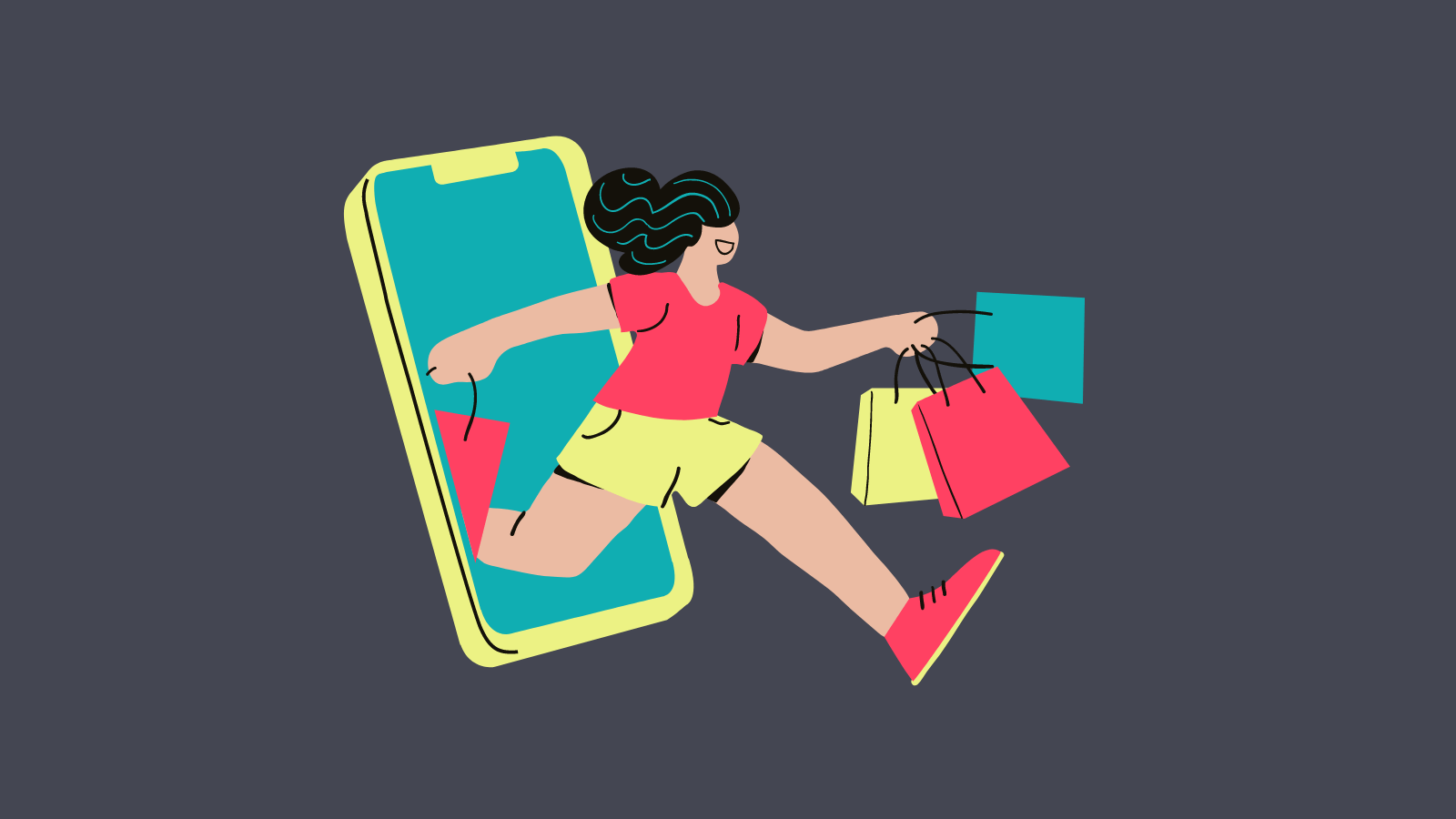 A woman stepping out of a phone with shopping bags
