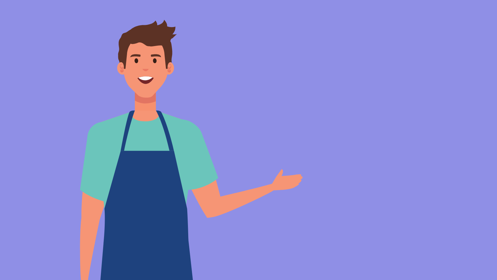 A young man in an apron gesturing at something