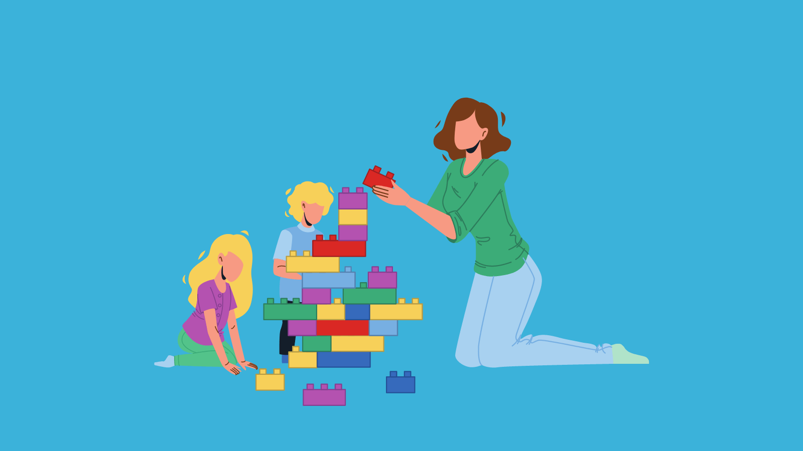 A young woman and two small children playing with blocks