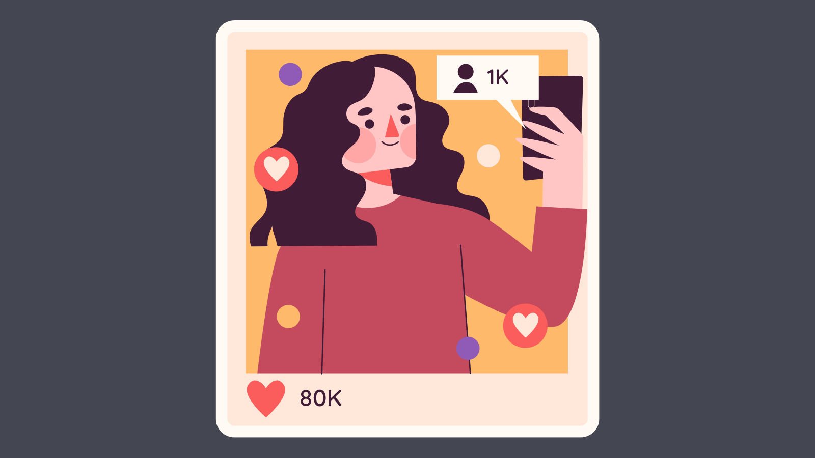 A young woman taking a selfie surrounded by heart icons