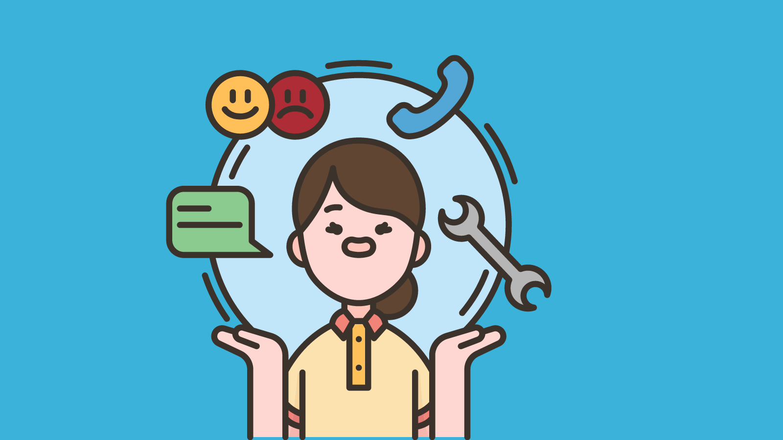 A young woman with a speech bubble, a smiley face, a sad face, a phone, and a wrench floating around her head