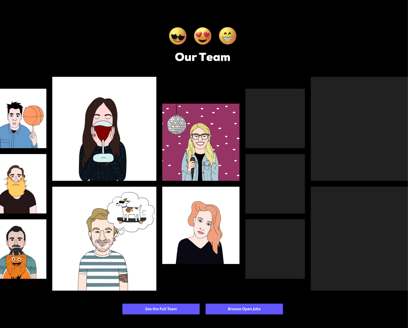 Giphy's team page, featuring cartoon gifs of each employee