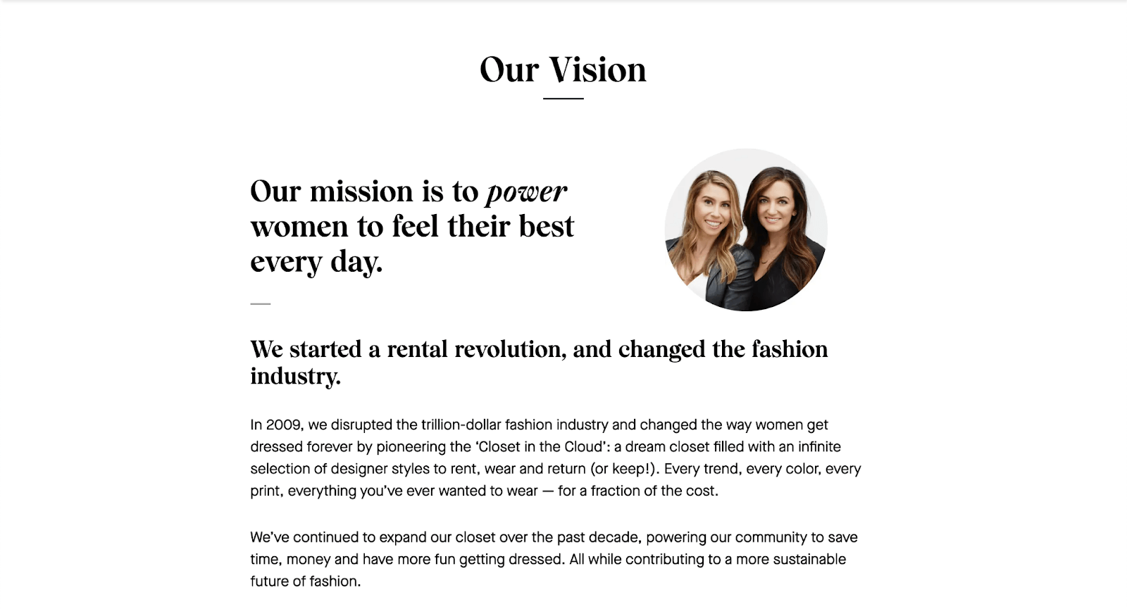 Rent the Runway's "Our Vision" page
