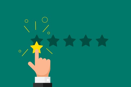 green background with a finger placing a single gold star in a ratings bar.
