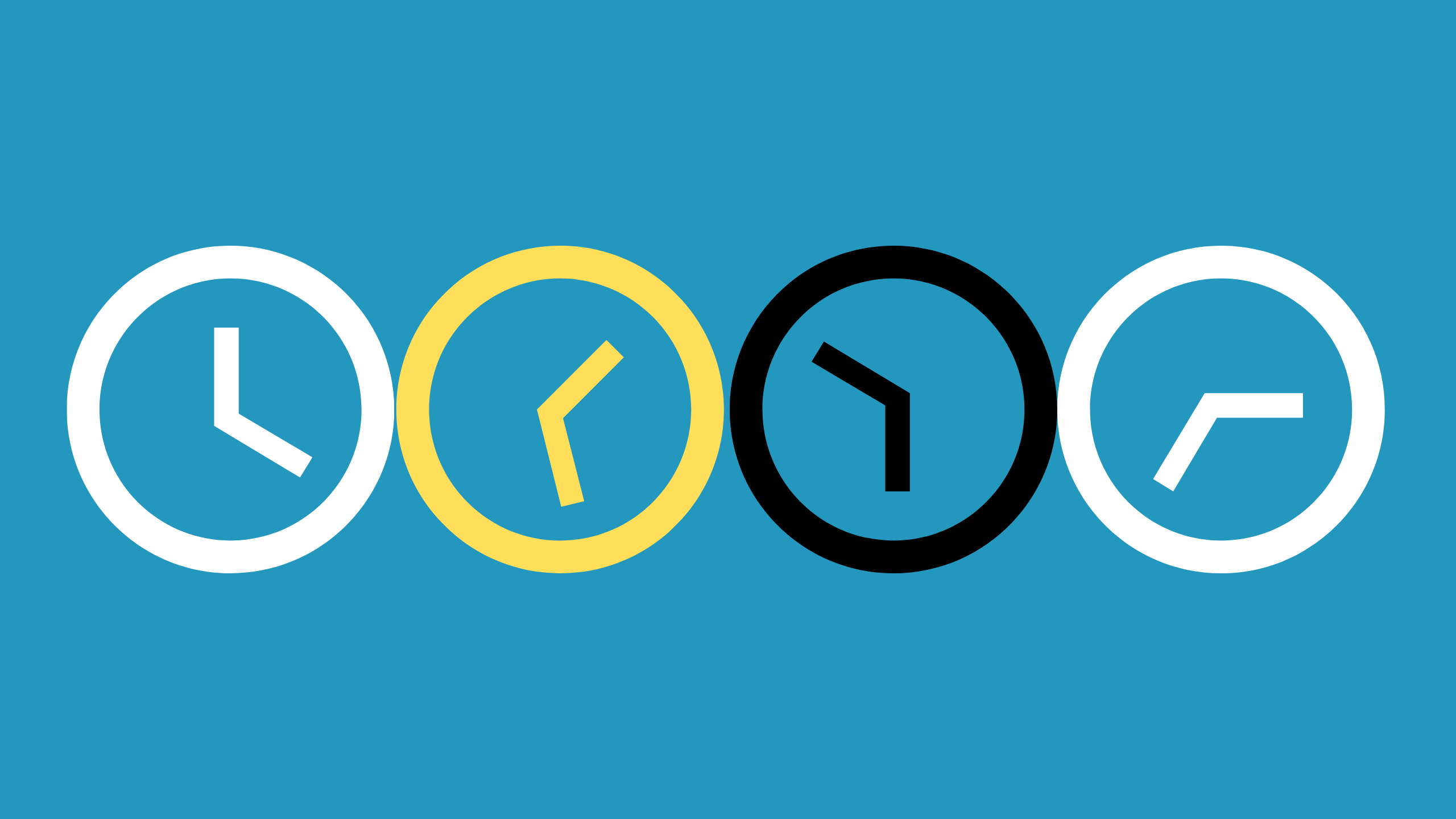A graphic with four simple clock outlines displaying different times