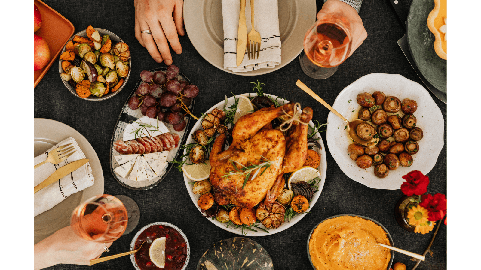 An elaborate meal photographed from above