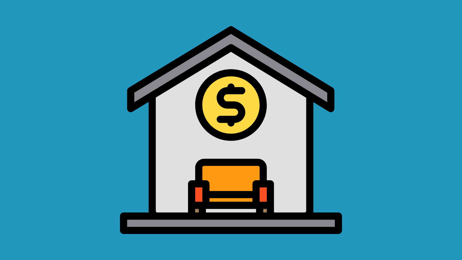 An icon of a house with a couch and a dollar sign floating above it inside