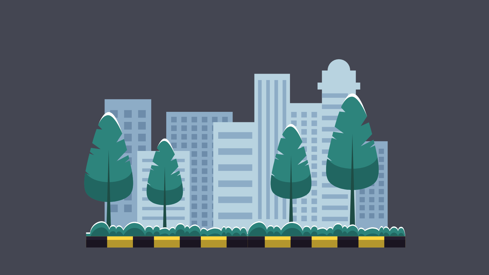 An illustration of a city street with trees lining the sidewalk