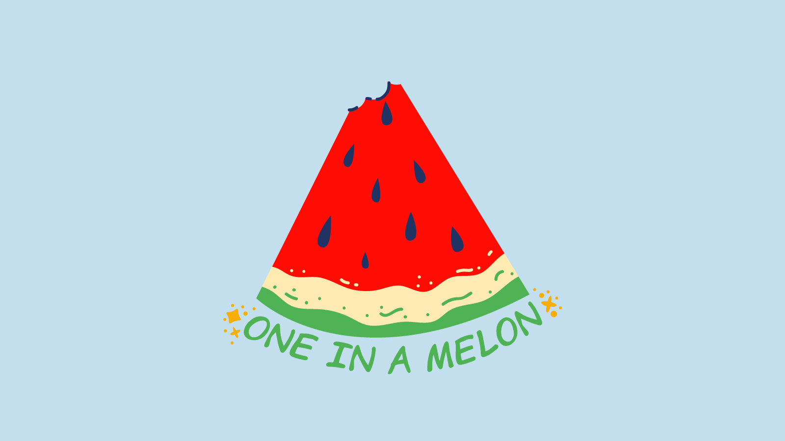 An illustration of a watermelon slice with the words one in a melon underneath it