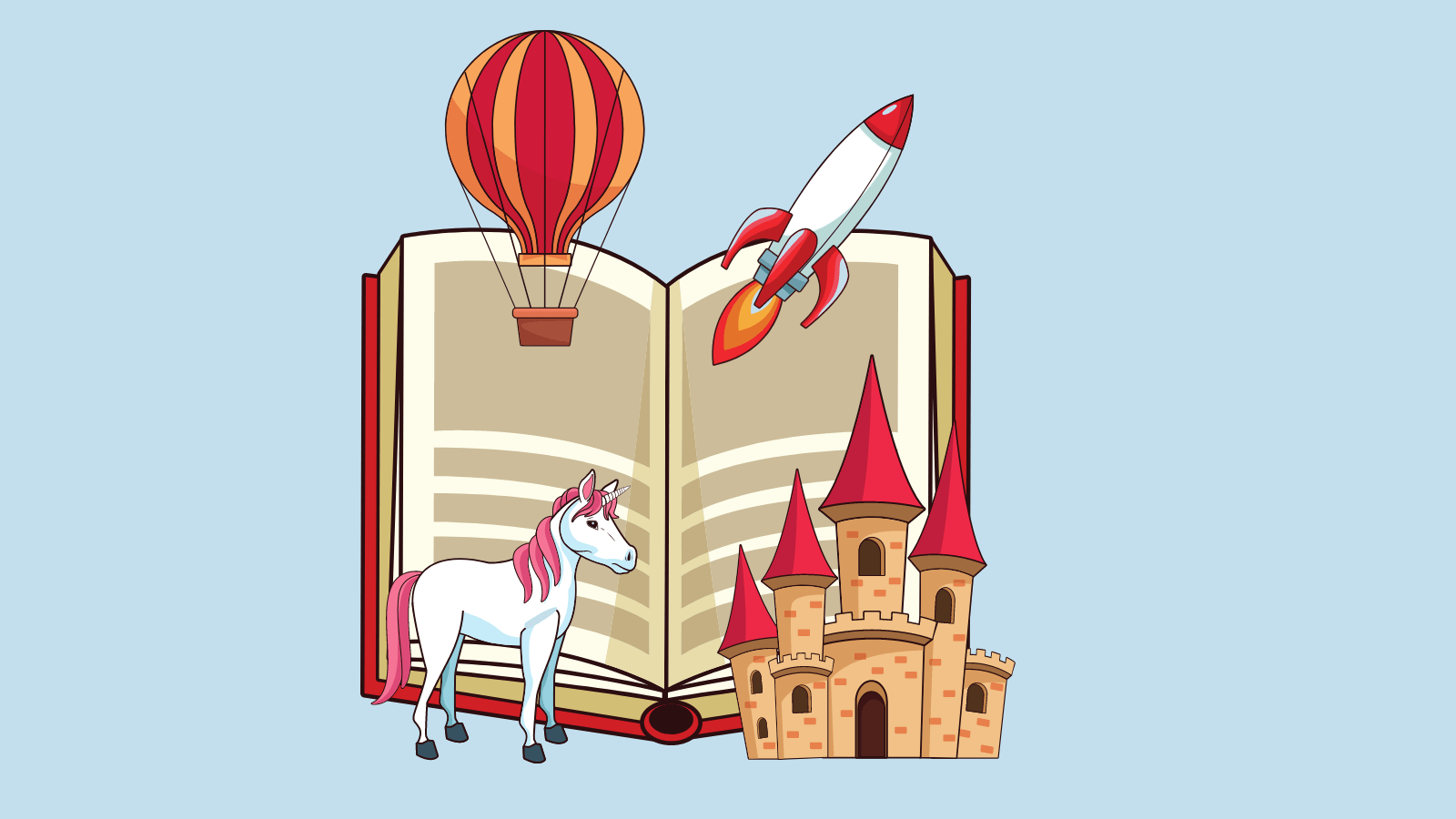 An open book with a unicorn, a castle, a hot air balloon, and a rocket ship spilling out