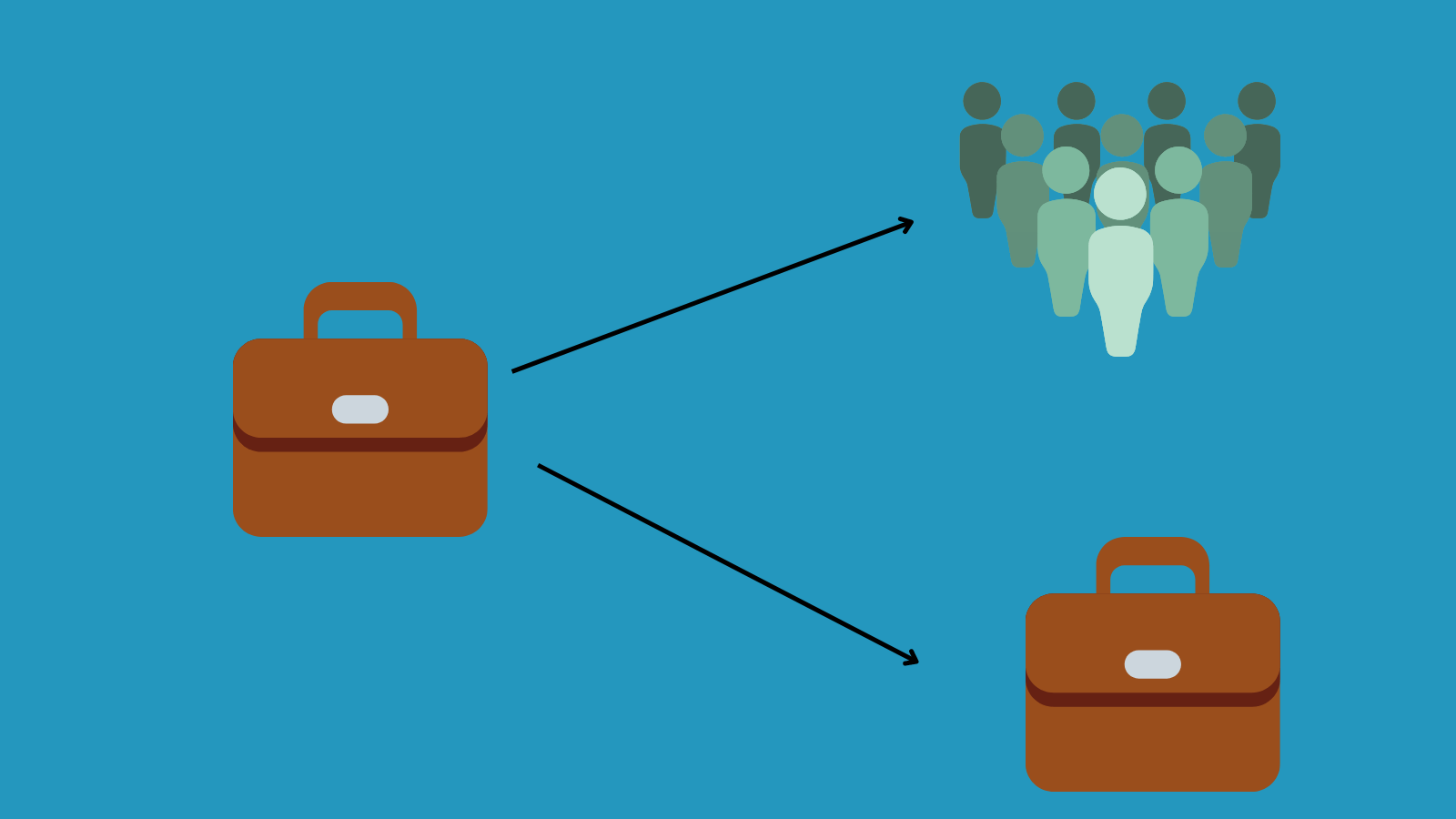 A briefcase with one arrow pointing towards a crowd and one arrow pointing towards another briefcase