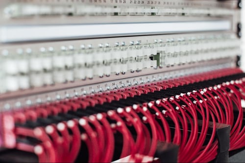 A series of red ethernet cables plugged into a router