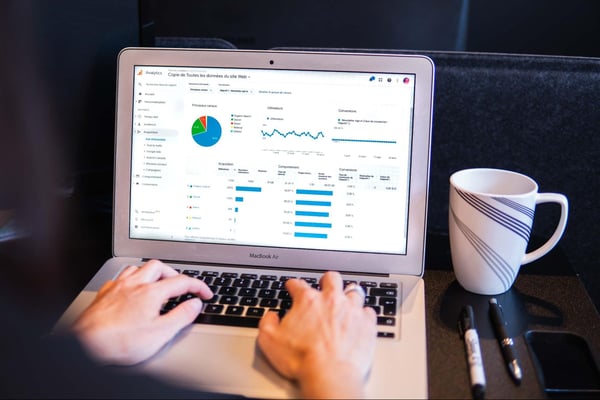 A person looking at graphs on a laptop computer