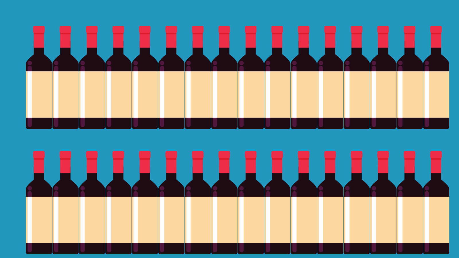 Two rows of identical wine bottles