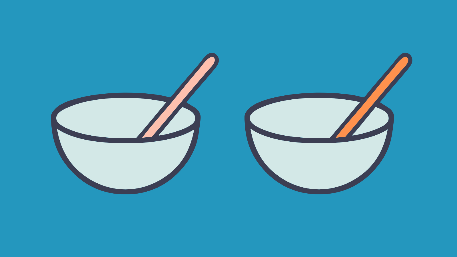 Two identical bowls with different colored spoons