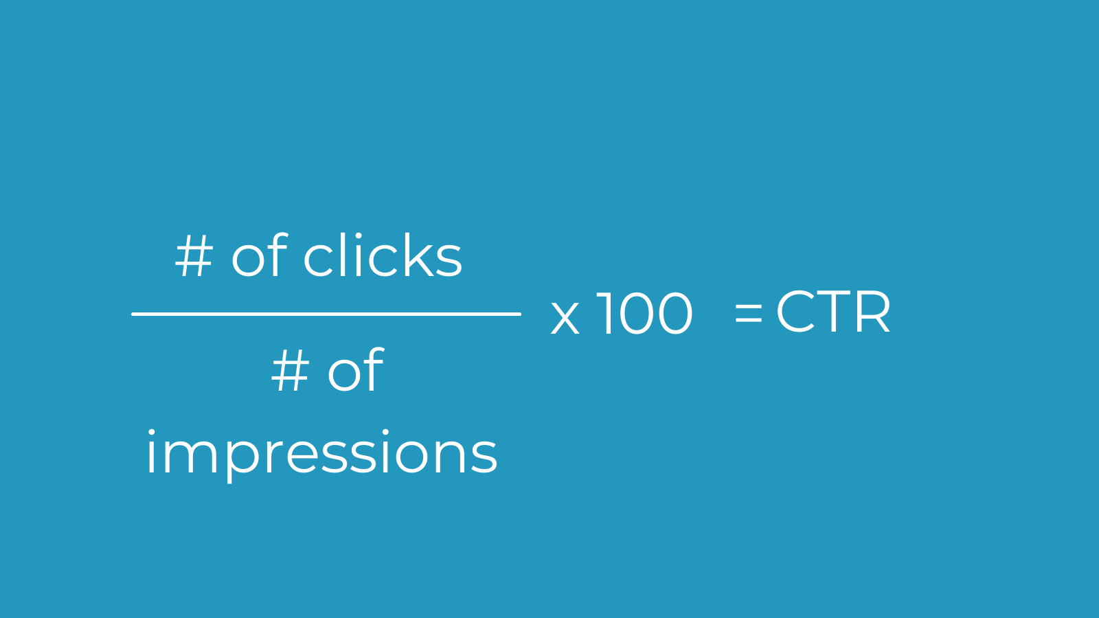 An infographic that reads "number of clicks divided by number of impressions times 100 equals CTR"