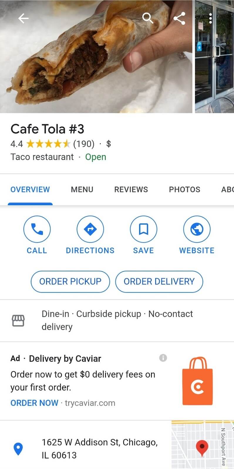 The Google My Business page for Cafe Tola, a restaurant in Chicago
