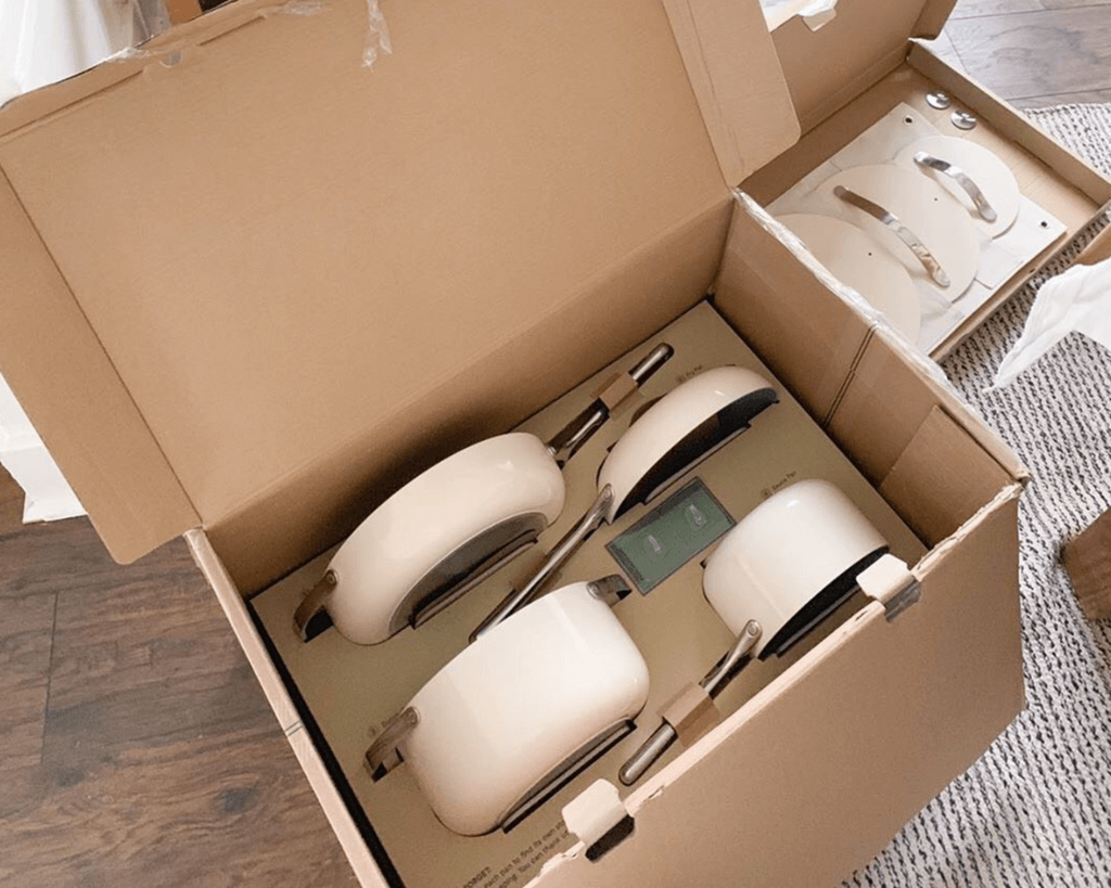 A Caraway Home package, showing how the cardboard keeps the products nestled in the shipping box