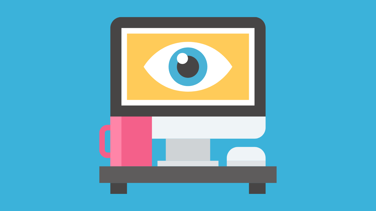 An illustration of a desktop computer with a picture of an eye on the screen