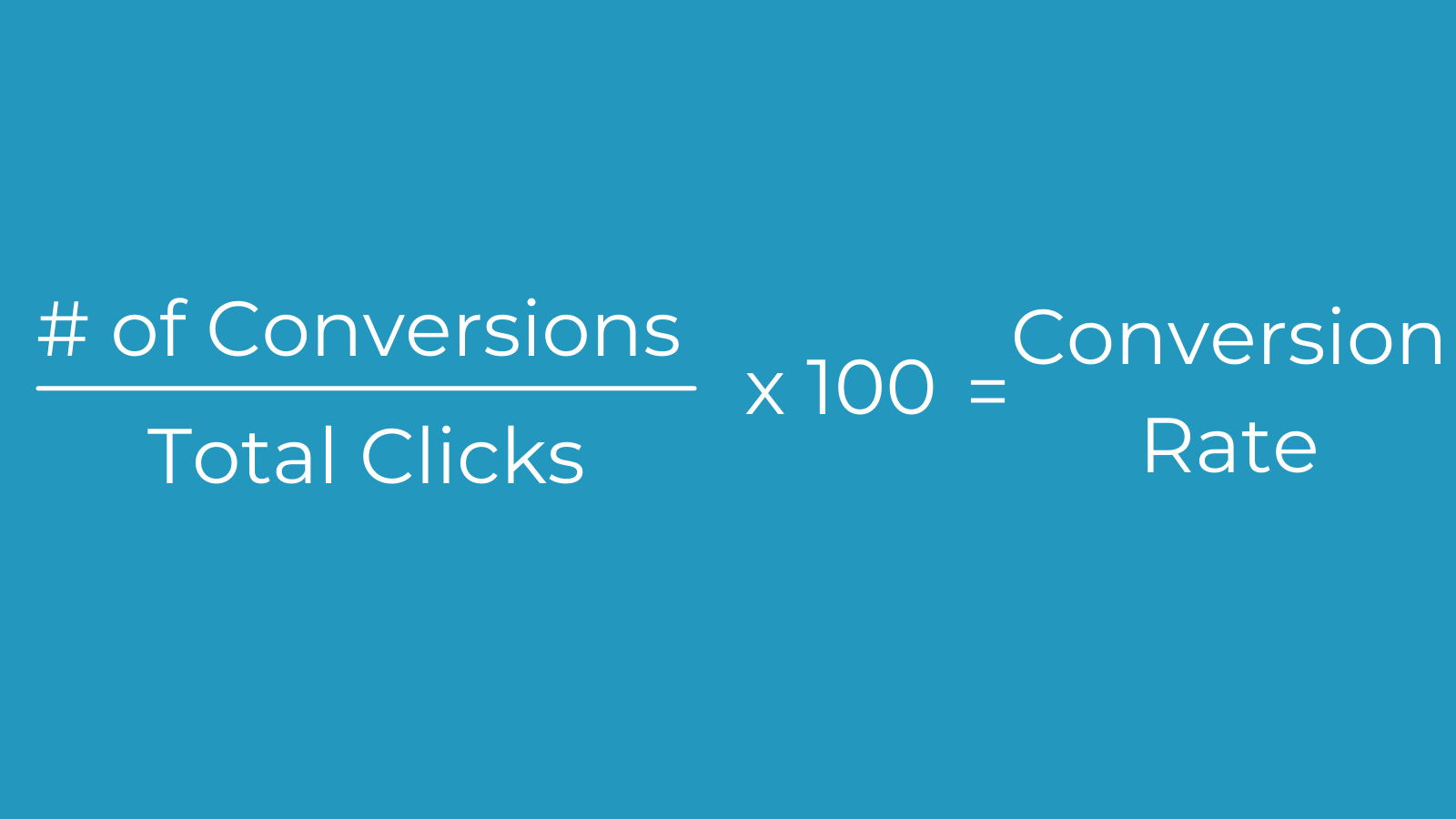 An infographic that reads "number of conversions divided by total clicks times 100 equals conversion rate"