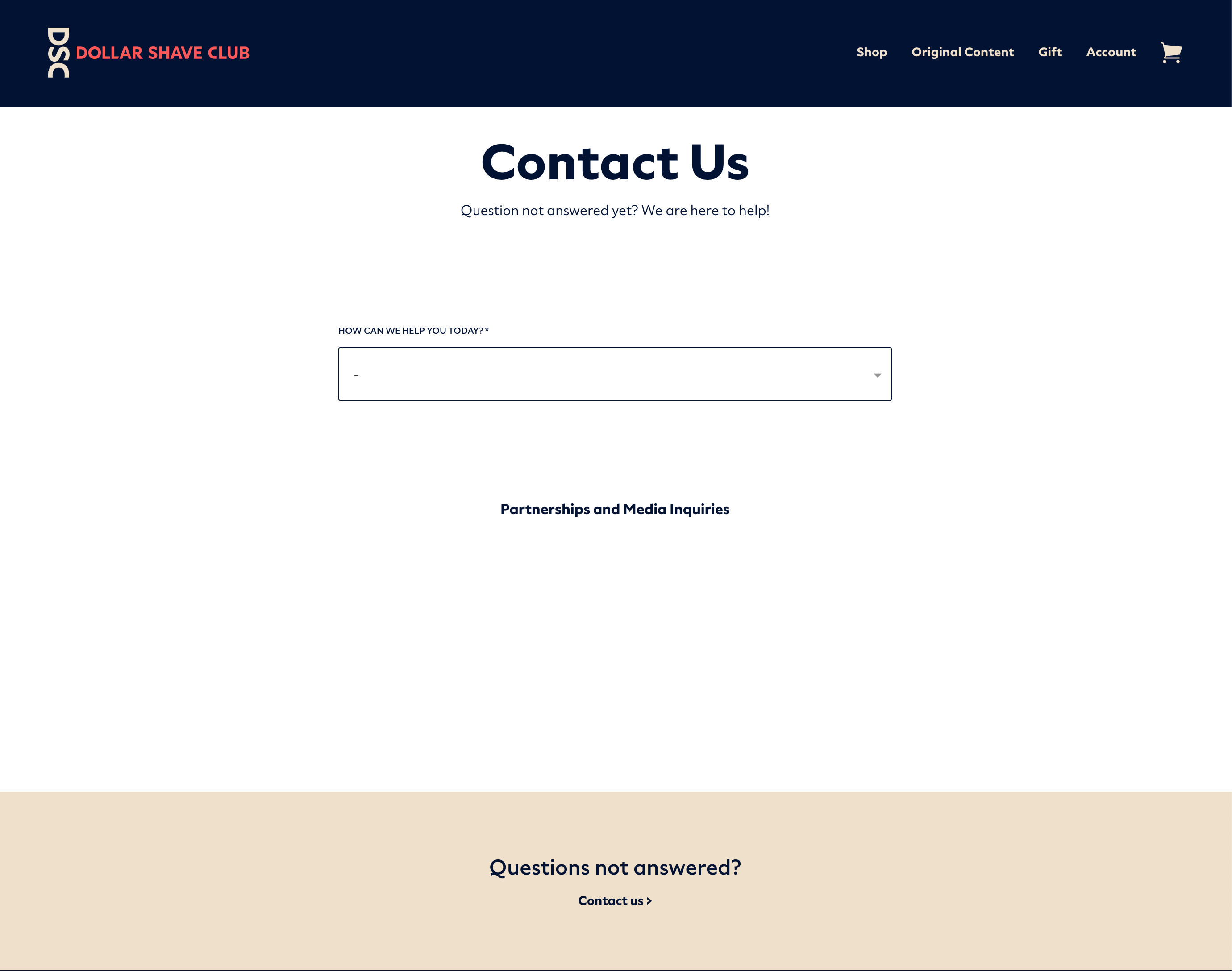 Dollar Shave Club's Contact Us Page