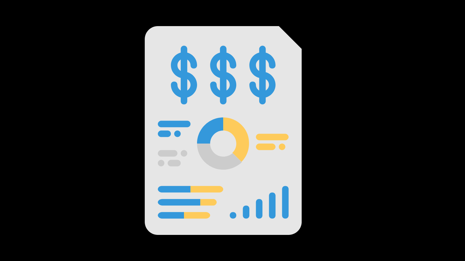 Dollar signs, a pie chart, and implied bar graphs