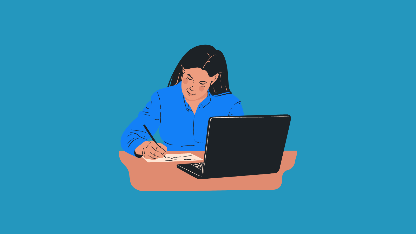 A woman taking notes while using a computer