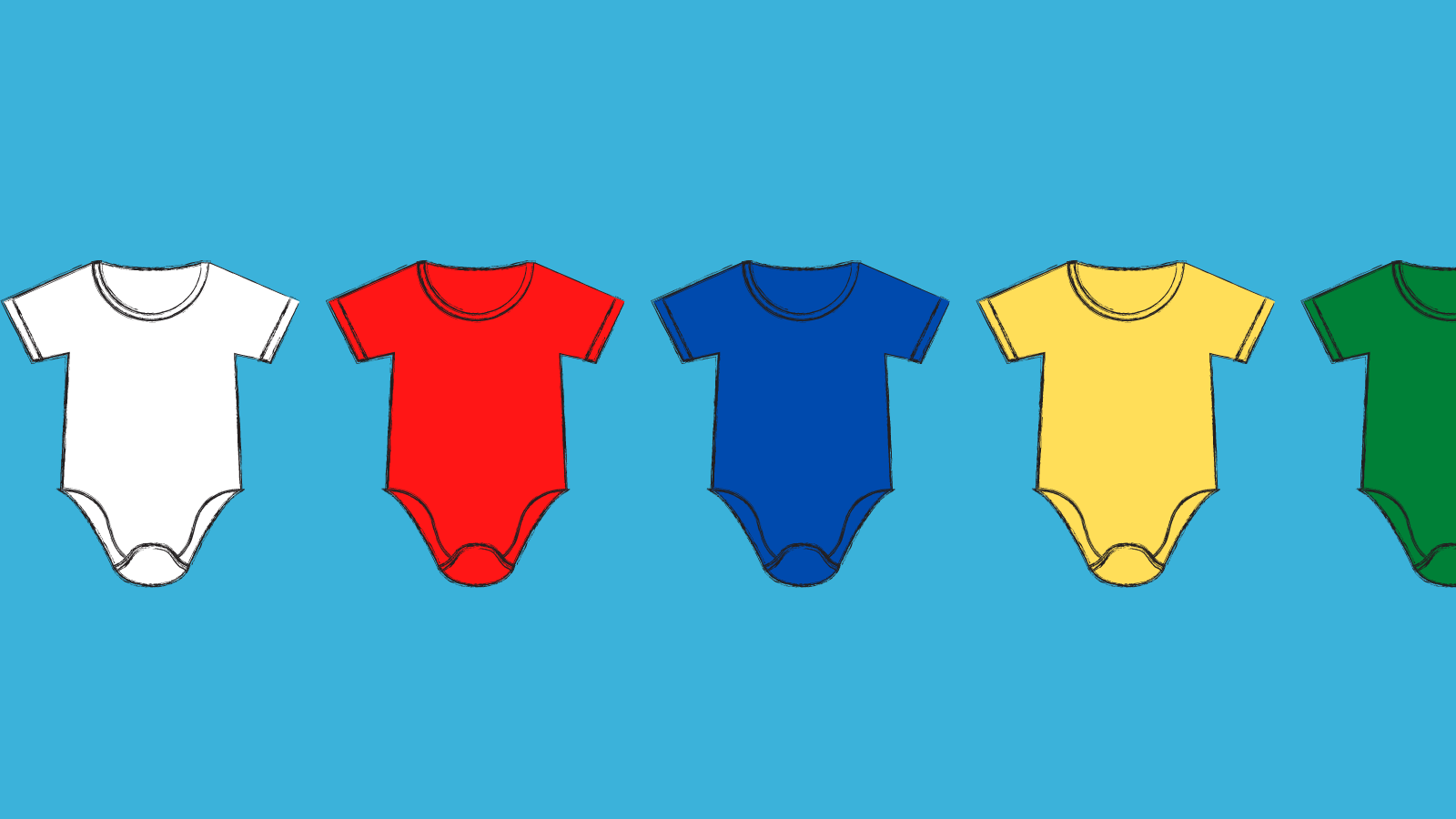 Five baby onesies one white, one red, one blue, one yellow, and one green