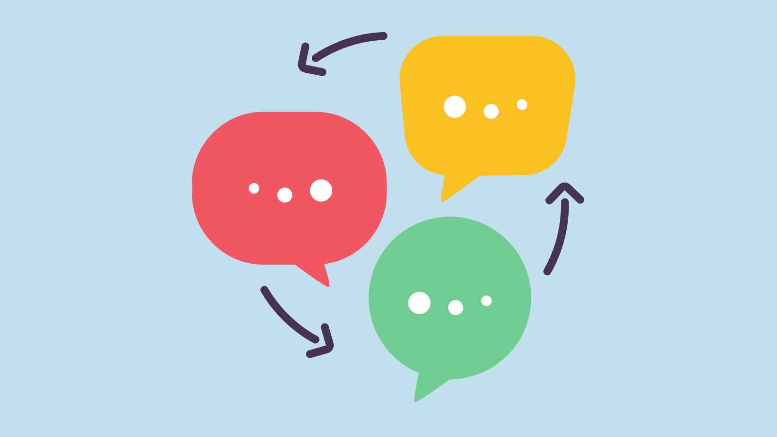 Three speech bubbles of different colors and shapes with arrows pointing to each other