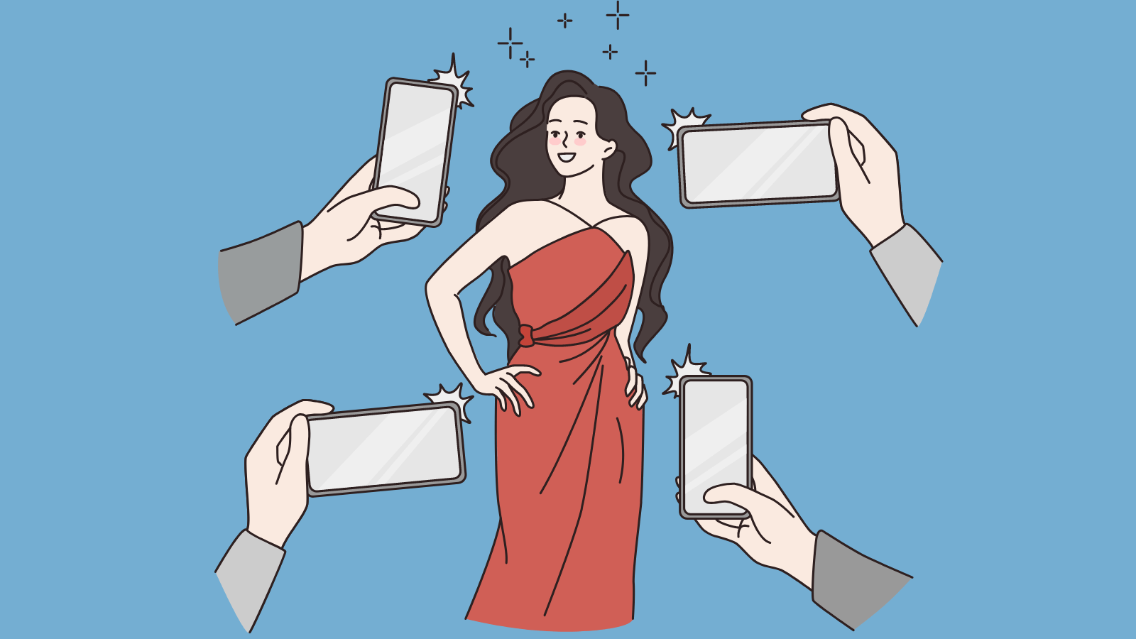 Four disembodied arms taking photos of a glamorous woman with their smartphones