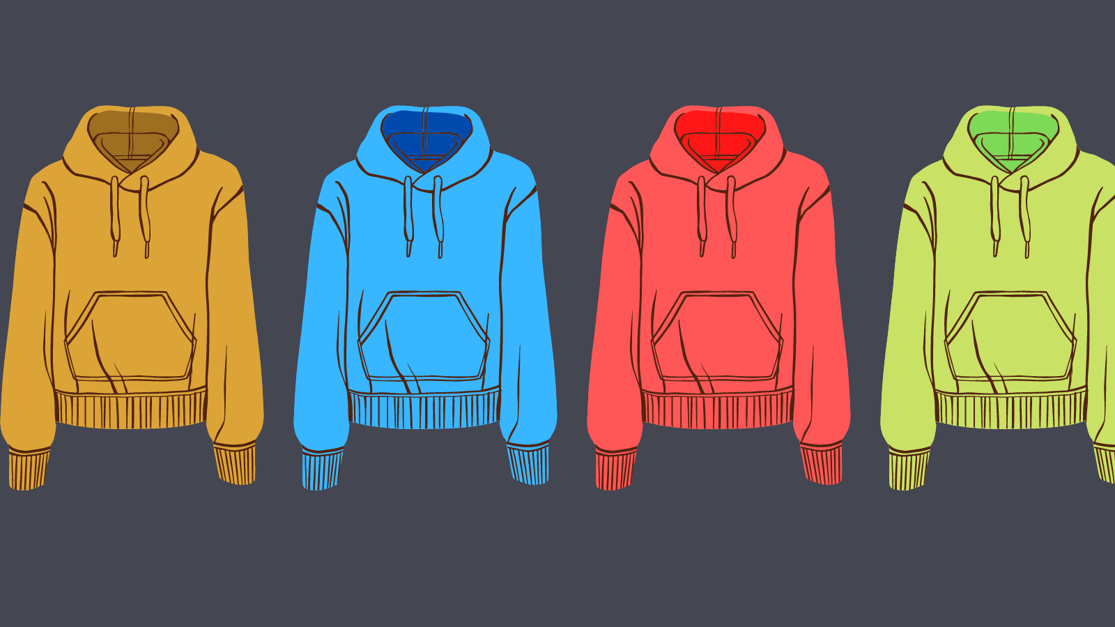 Four identical drawstring hoodies in different colors one yellow, one blue, one red, one green