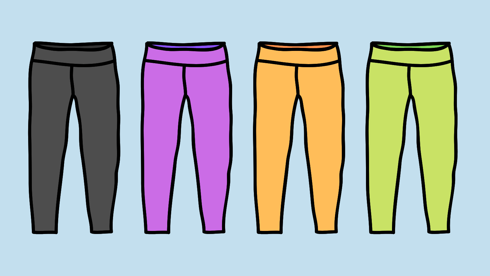 Four pairs of leggings in different colors one black, one purple, one orange, and one green