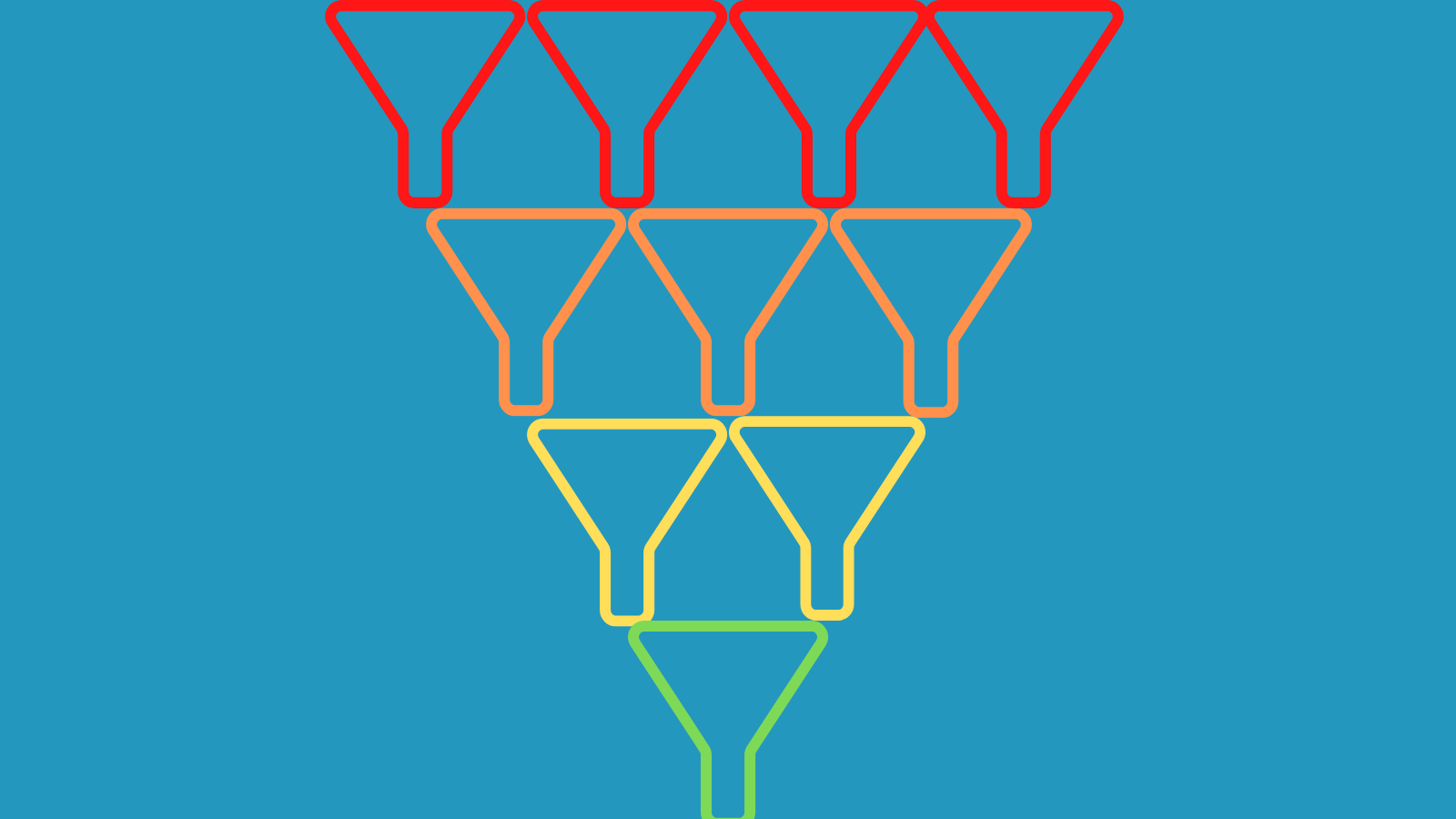 Funnels arranged in an inverted pyramid