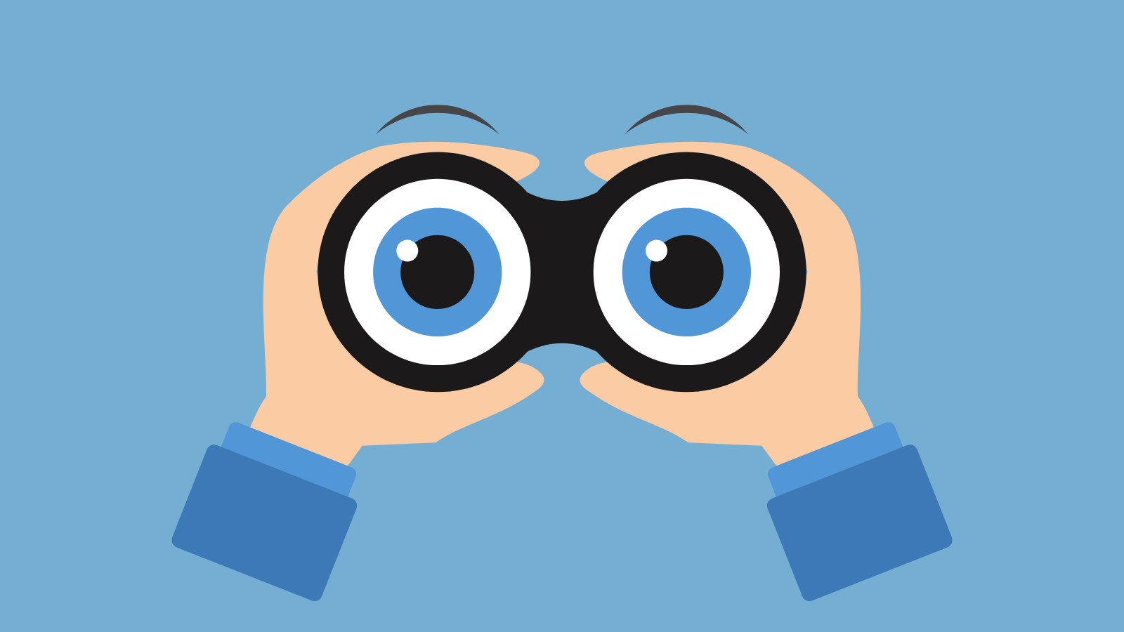 Hands holding up a pair of binoculars. Eyes are visible in the lenses. 