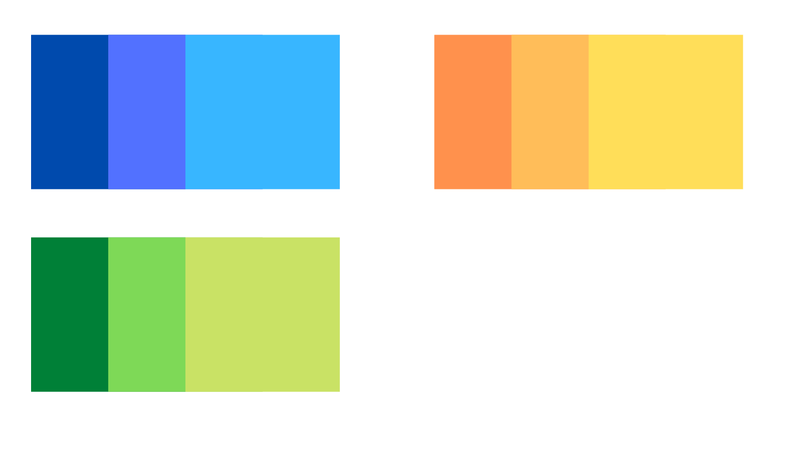 Three shades of blue grouped together, three shades of orange grouped together, and three shades of green grouped together