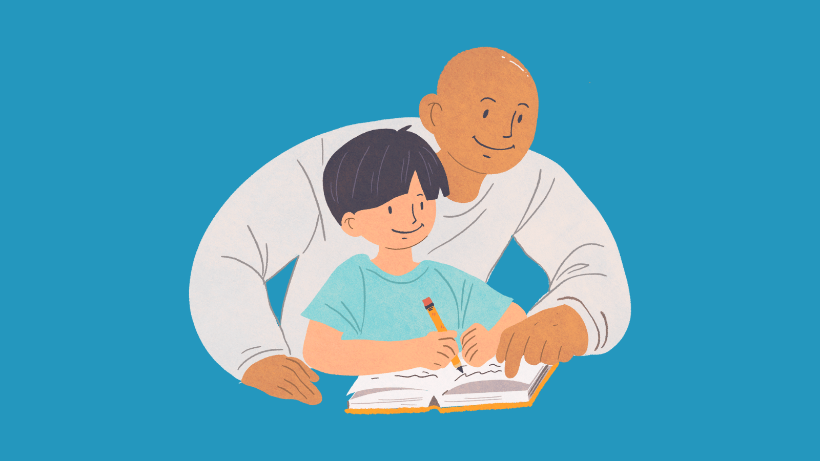 An adult helping a child with schoolwork