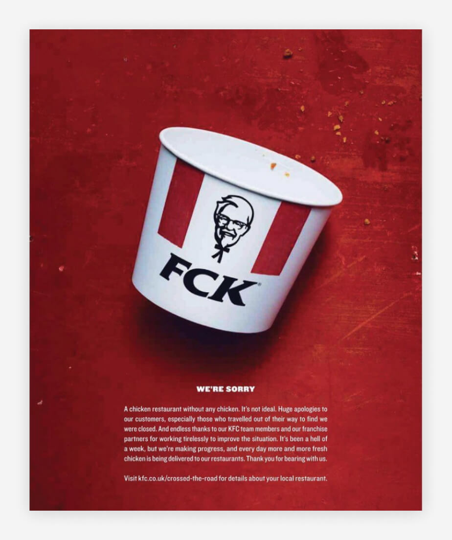 An empty KFC bucket that says "FCK" instead. Text below starts with "We're sorry. A chicken restaurant without any chicken. It's not ideal..."