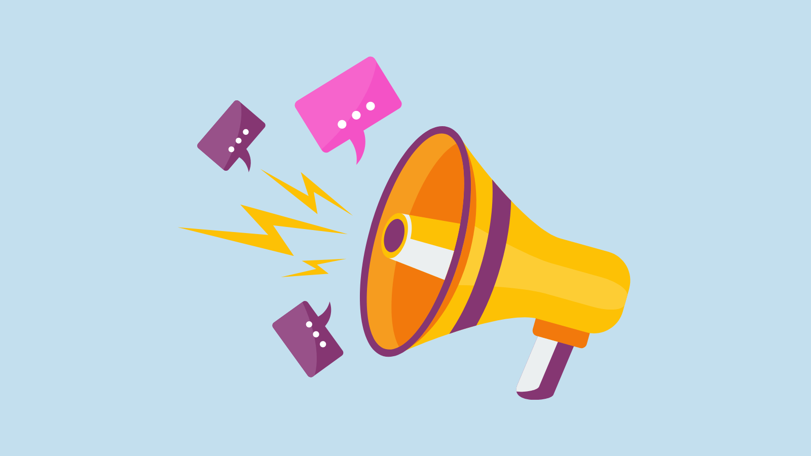 Megaphone with speech bubbles and lightning squiggles