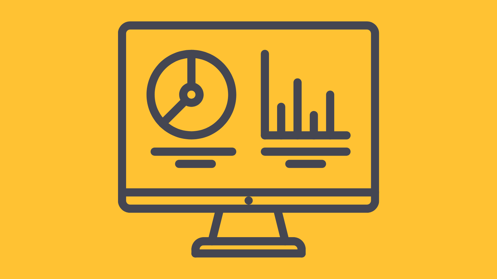 A line drawing of a computer with a pie chart and a bar graph on the screen