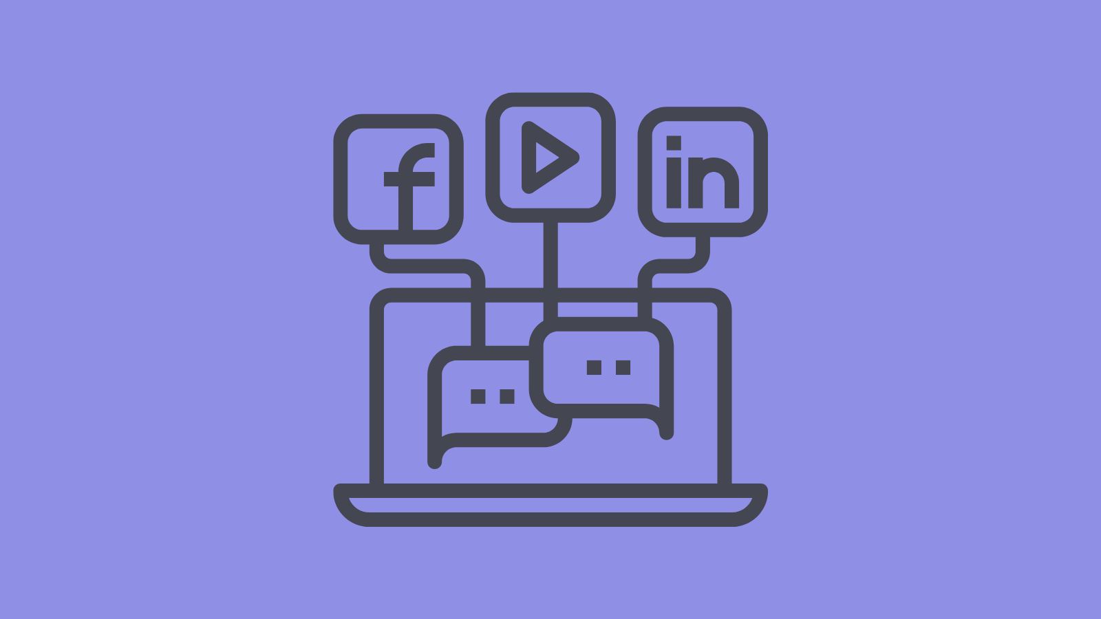A minimalist drawing of a laptop with Facebook, LinkedIn, and YouTube icons,